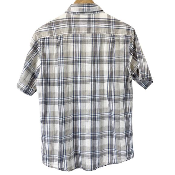 Merrell Boys XL Short Sleeve Plaid Button‎ Down Shirt Tan Blue White Linen Blend - Picture 2 of 8